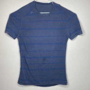 Lululemon Mens Size L Short Sleeve Striped Crew Neck Basic Blue Logo T-Shirt